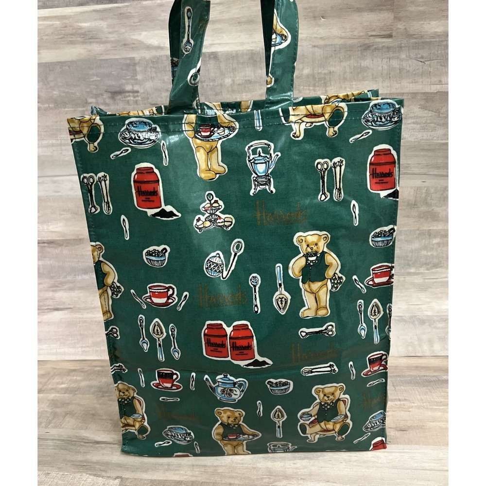 Vintage Harrods Knightsbridge Teddy Bear Green Shopping Tote PVC‎ Bag